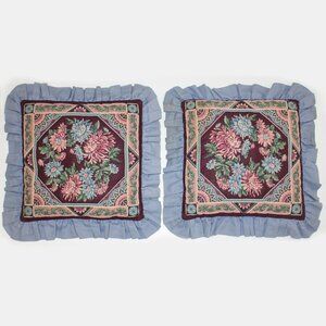 Set of 2 Vintage Blue Floral Quilted Throw Pillows 21" Square Handmade Quilted